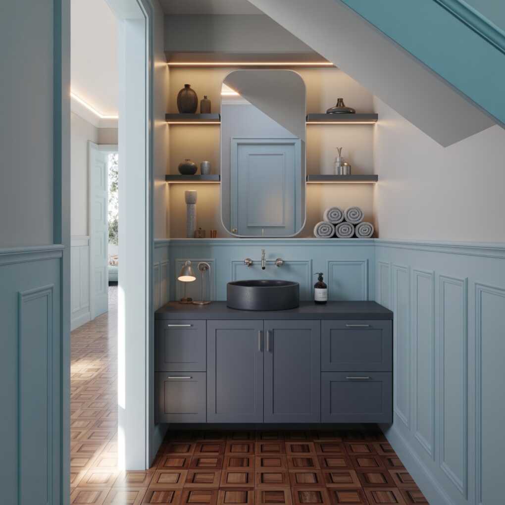 Cool Under the Stairs Powder Room