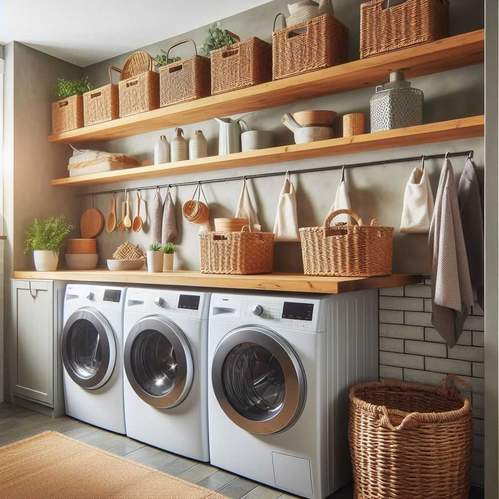 Floating Shelves with Woven Baskets