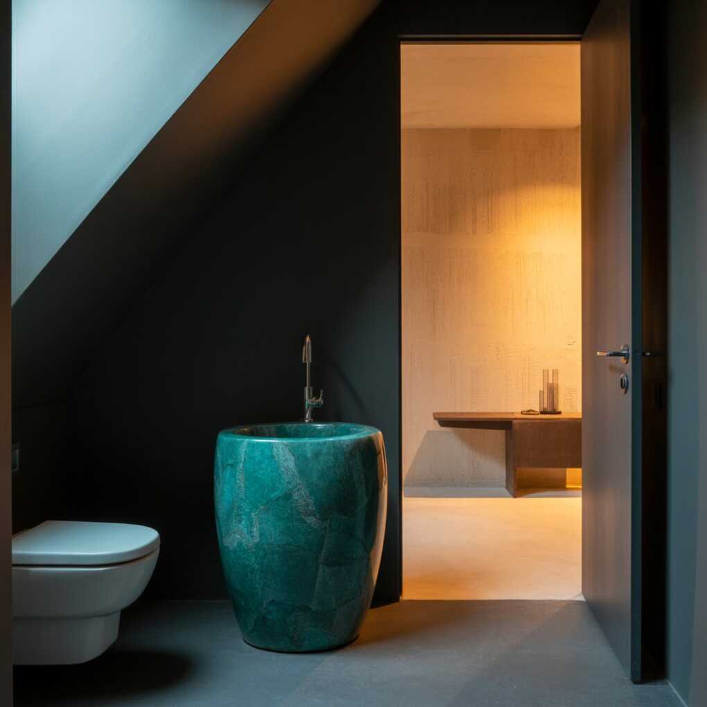 Under Stairs Powder Room with a Bold Sink