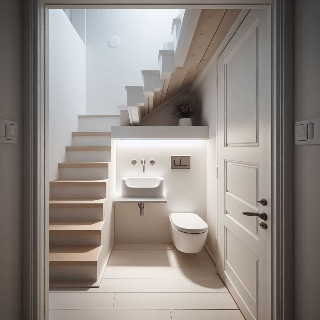 Under Stairs Powder Room with a Floating Sink
