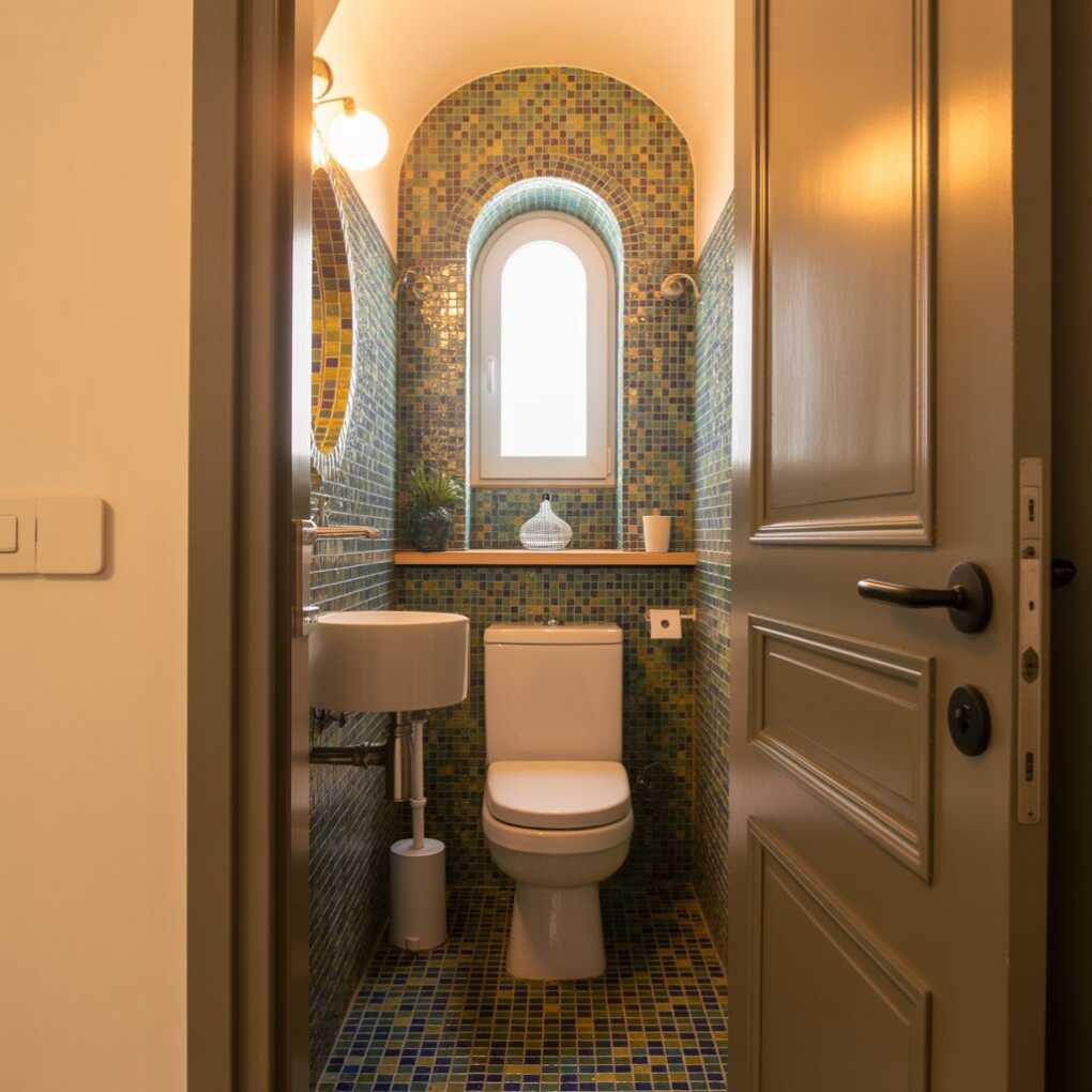 Under Stairs Powder Room with a Mosaic Tile Wall