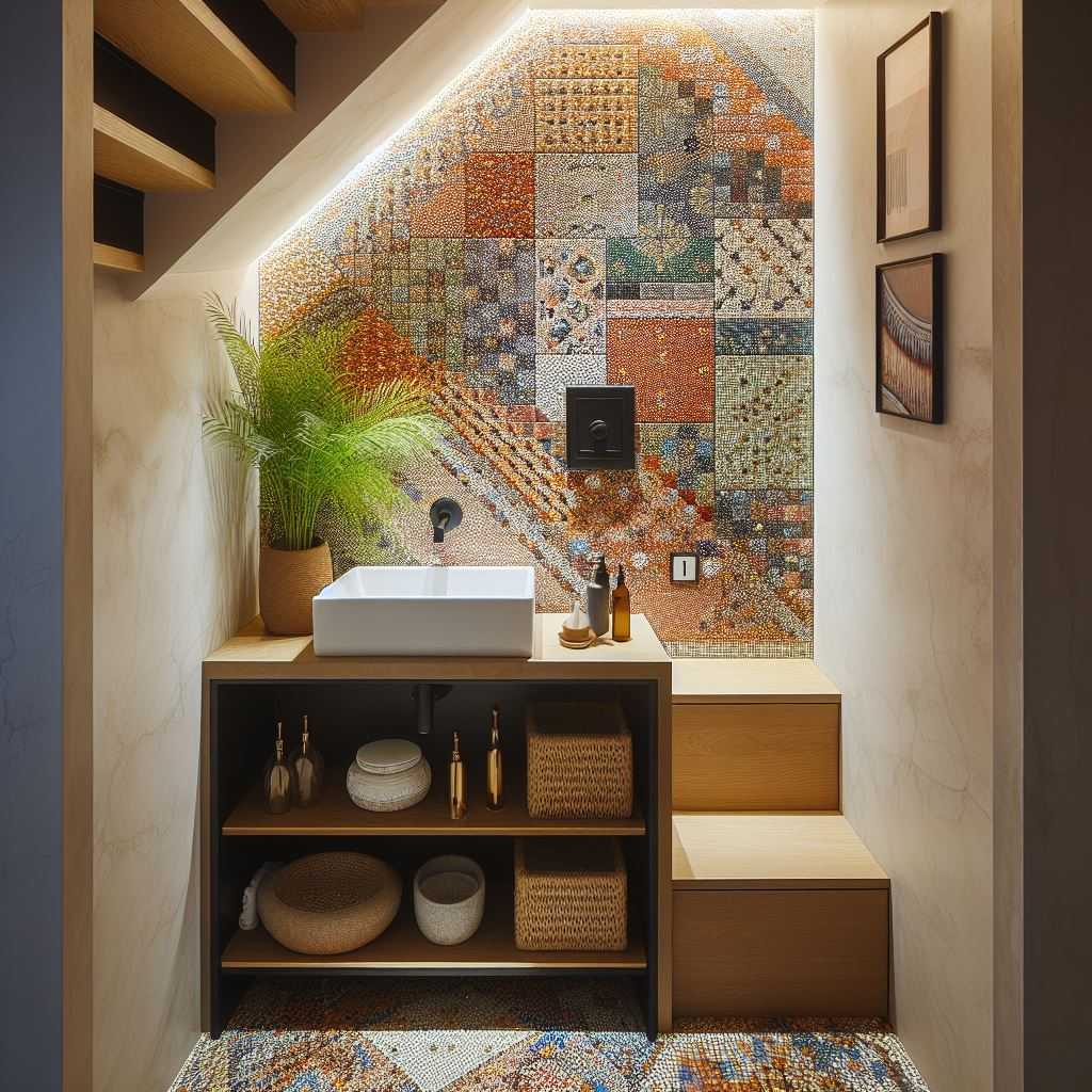 Under Stairs Powder Room with a Mosaic Tile Wall