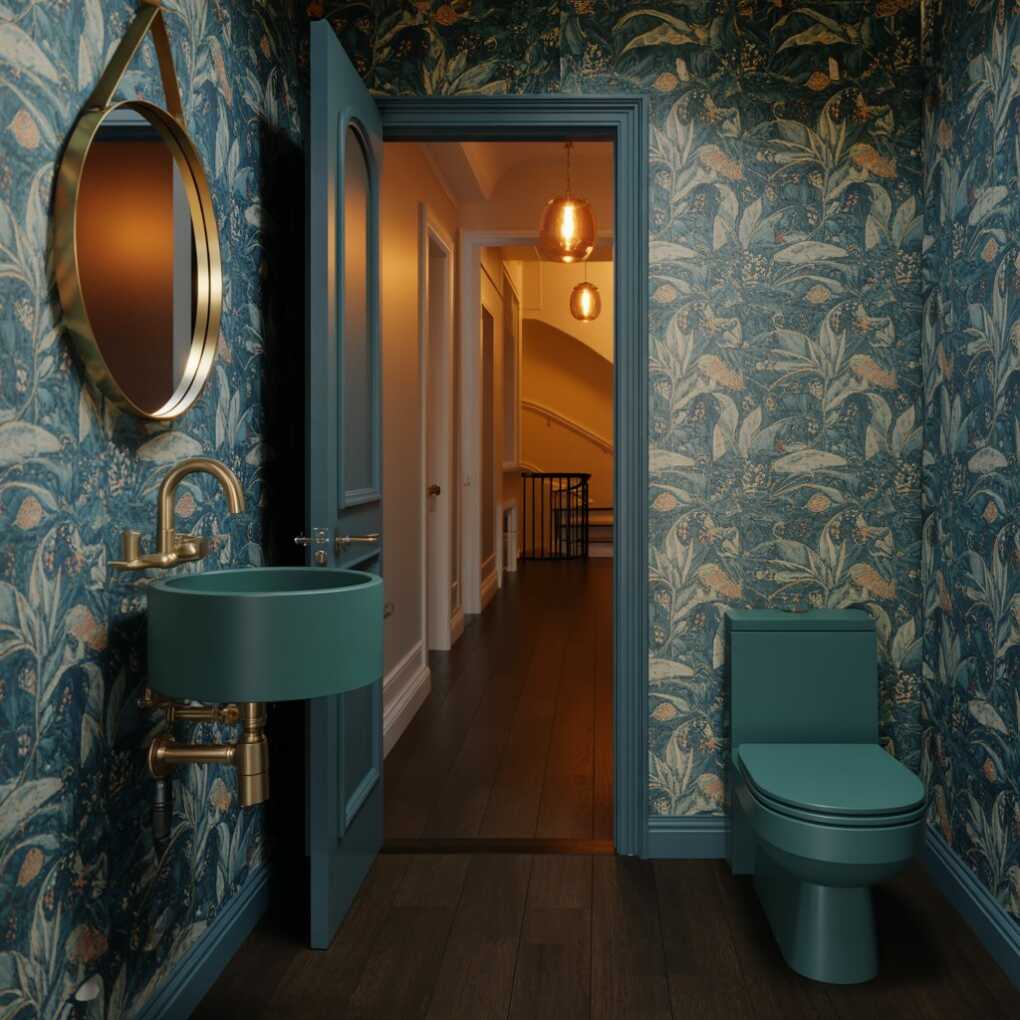 Under Stairs Powder Room with a Patterned Wallpaper