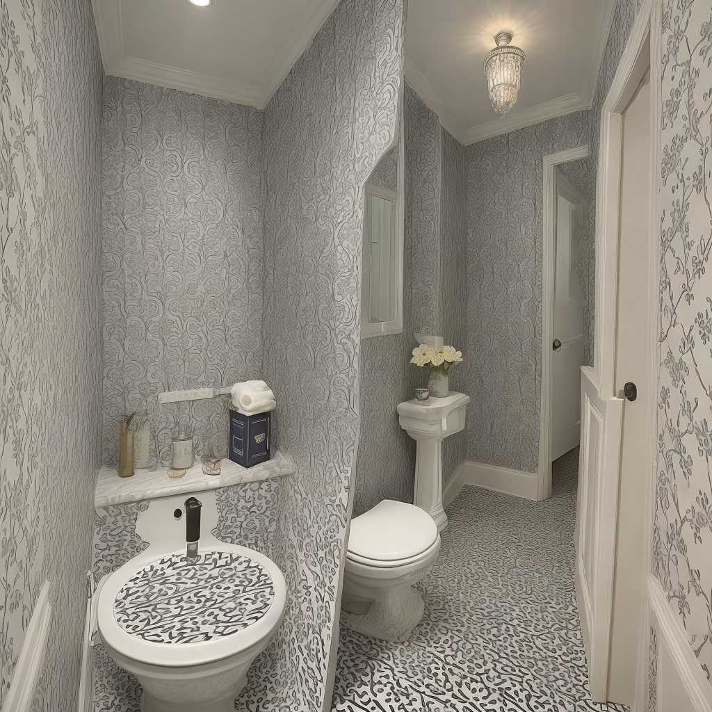 Under Stairs Powder Room with a Patterned Wallpaper