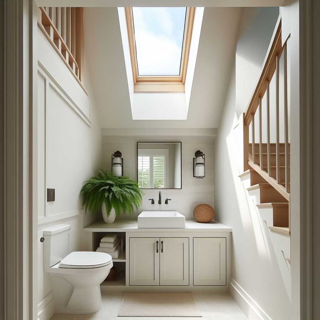 Under Stairs Powder Room with a Skylight