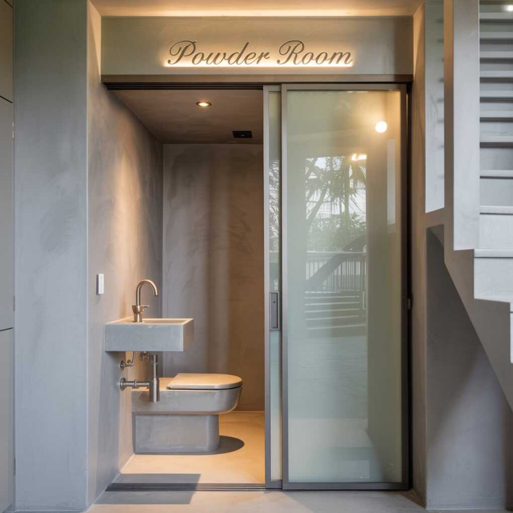 Under Stairs Powder Room with a Sliding Door