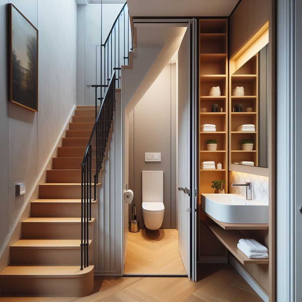 Under Stairs Powder Room with a Sliding Door