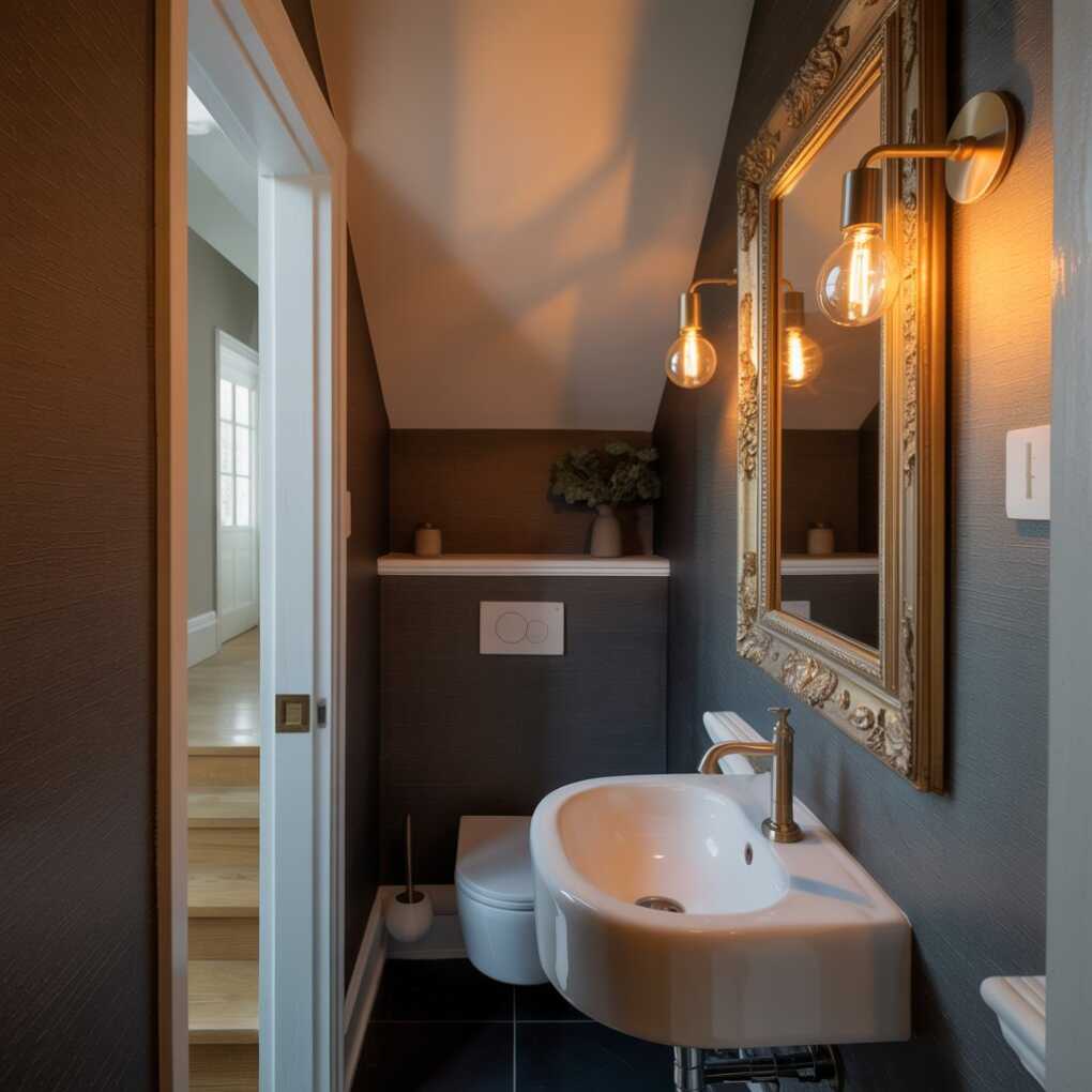 Under Stairs Powder Room with a Statement Mirror