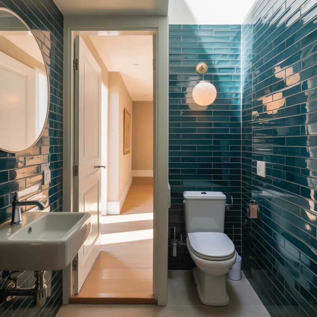 Under Stairs Powder Room with a Tiled Wall