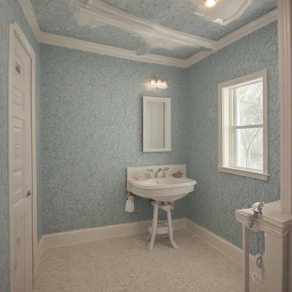 Under Stairs Powder Room with a Wallpapered Ceiling