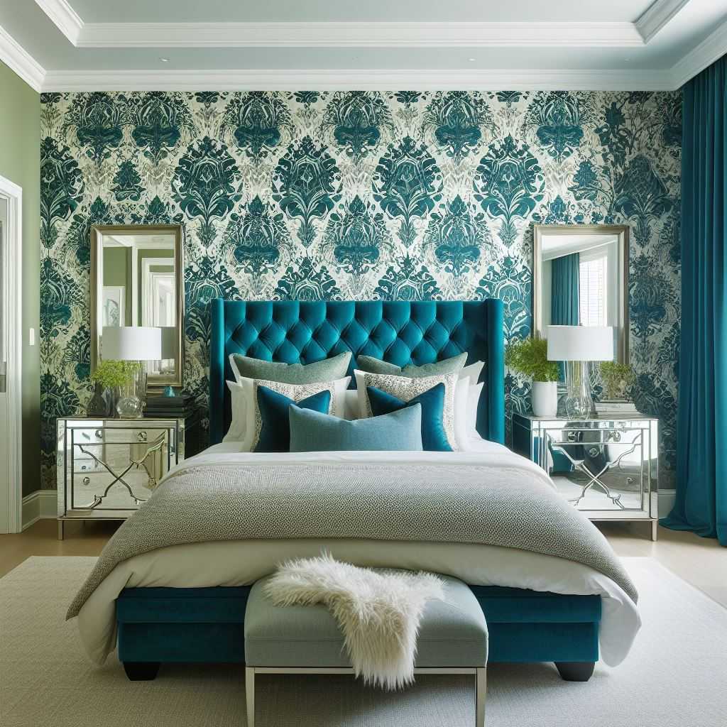 Blue and Green Damask Wallpaper