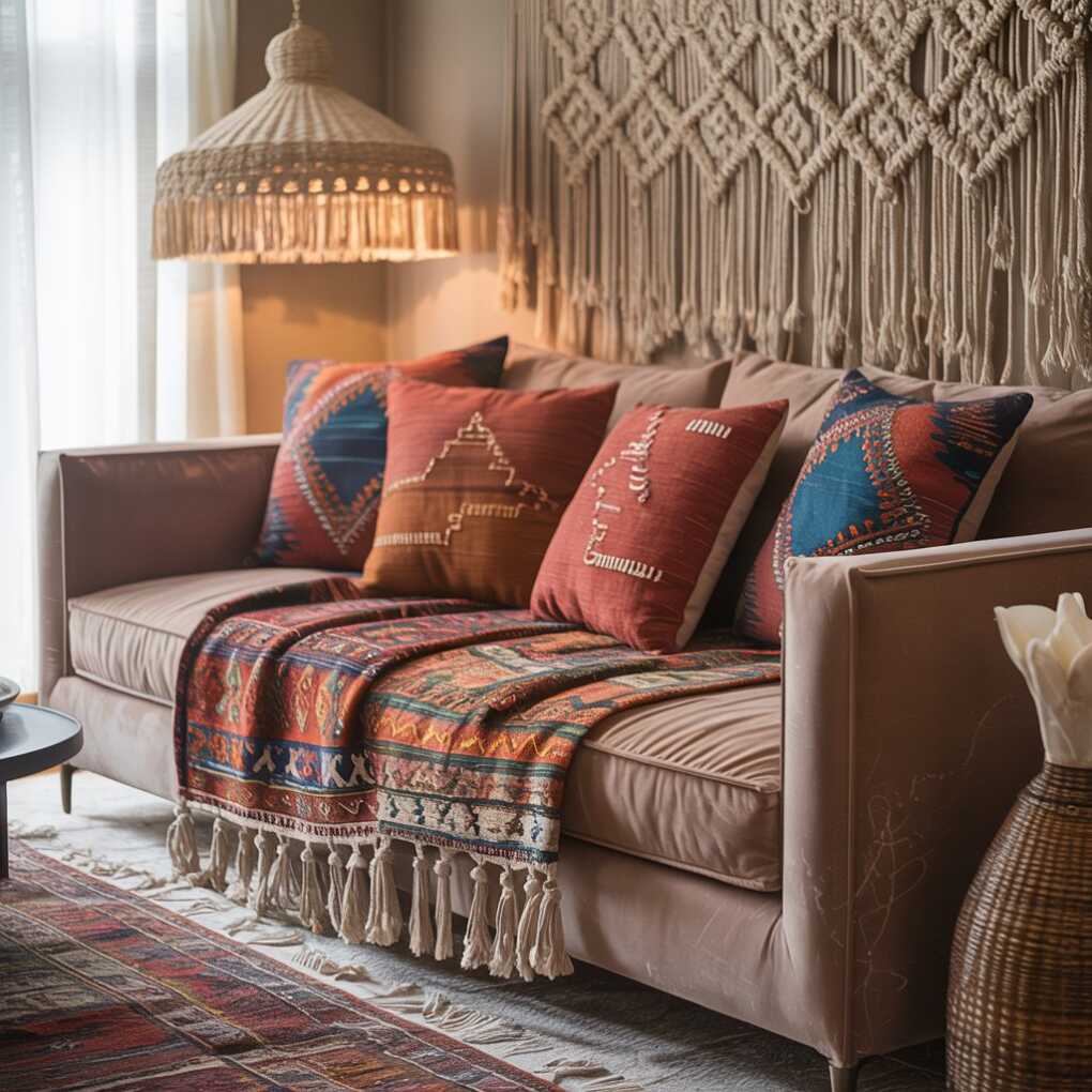 Bohemian Taupe Sofa Layered with Textiles
