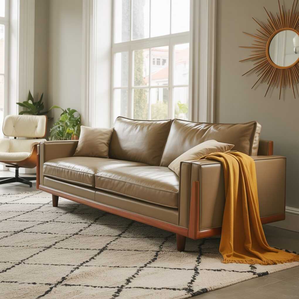 Mid-Century Taupe Sofa with Teak Accents