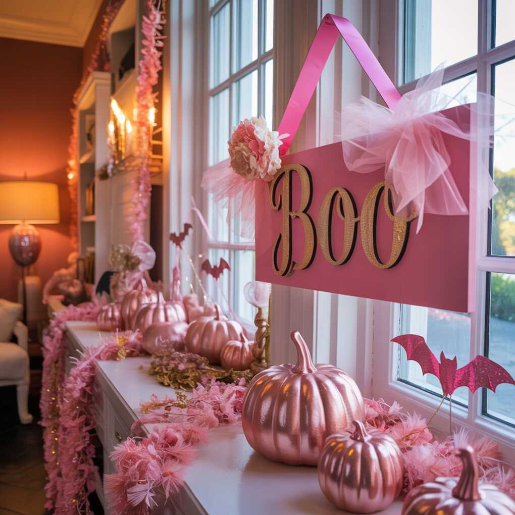 Pink “Boo” Signage with Gold Lettering