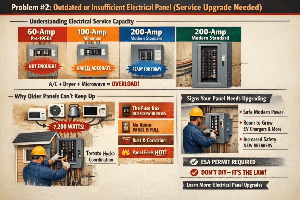 Outdated electrical panels in older homes comparing 60-amp, 100-amp, and 200-amp service and signs a panel upgrade is needed