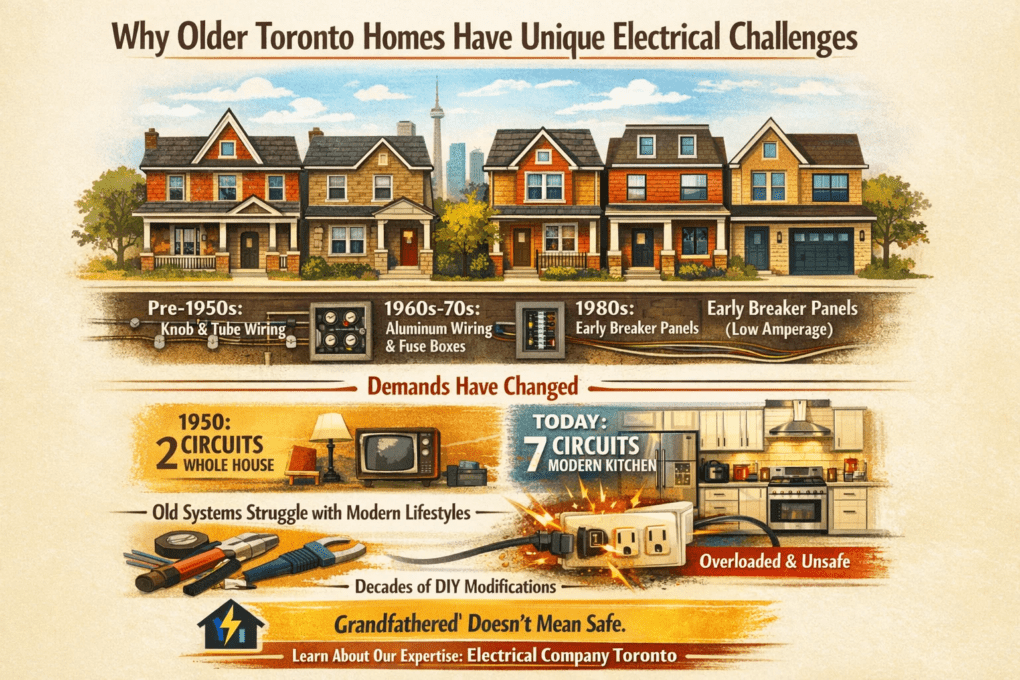 Why older Toronto homes have unique electrical challenges, showing knob and tube wiring, aluminum wiring, fuse boxes, and early breaker panels