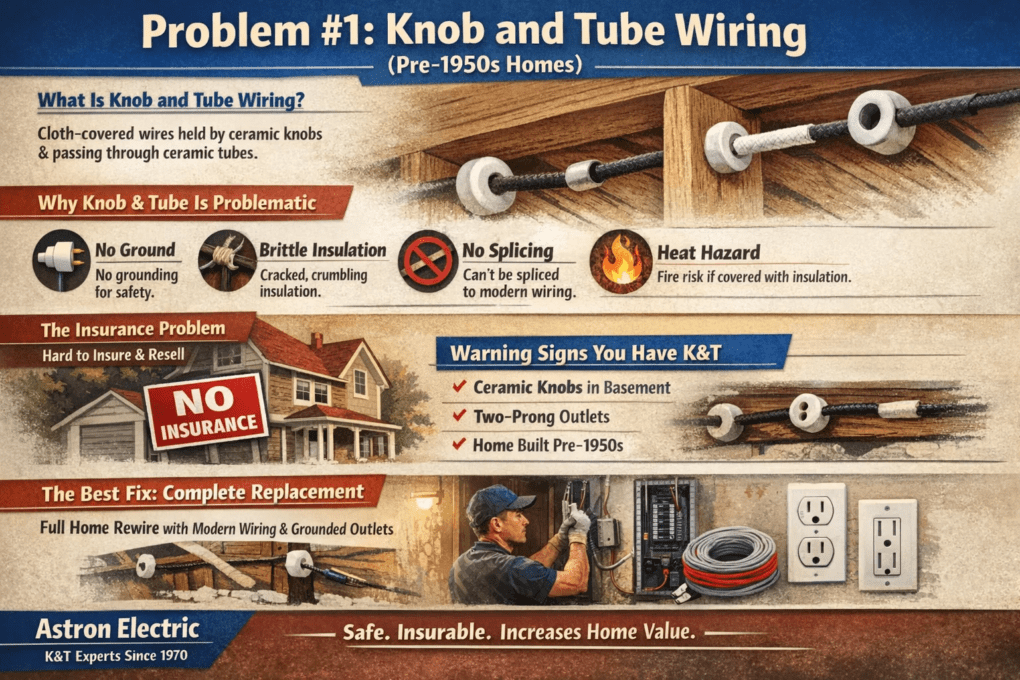 Knob and tube wiring in pre-1950s homes showing ceramic knobs, cloth-covered wires, safety risks, and complete replacement solution