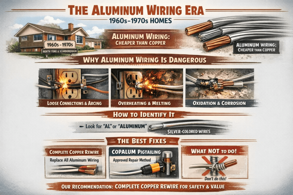 Aluminum wiring in 1960s–1970s homes showing fire hazards, loose connections, oxidation, and safe upgrade solutions