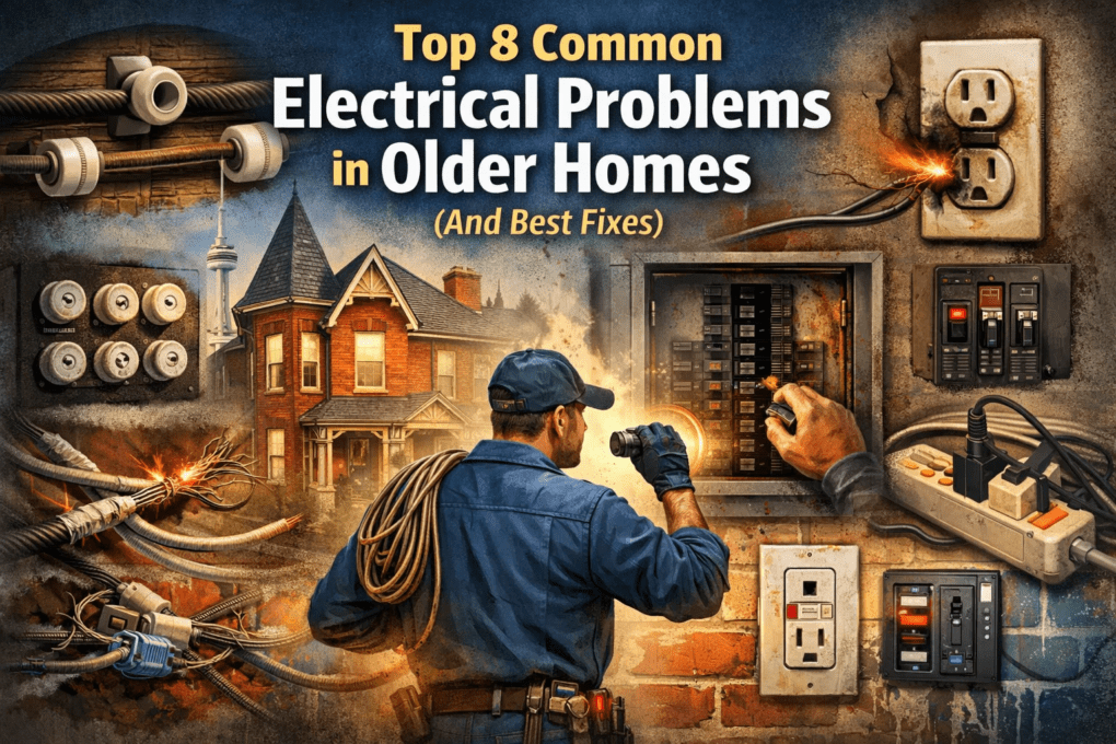 Top 8 common electrical problems in older Toronto homes including knob and tube wiring, outdated electrical panels, and damaged outlets