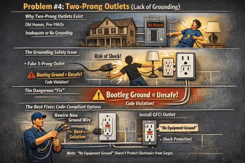 Two-prong outlets in older homes showing lack of grounding, shock risks, bootleg ground dangers, and code-compliant fixes
