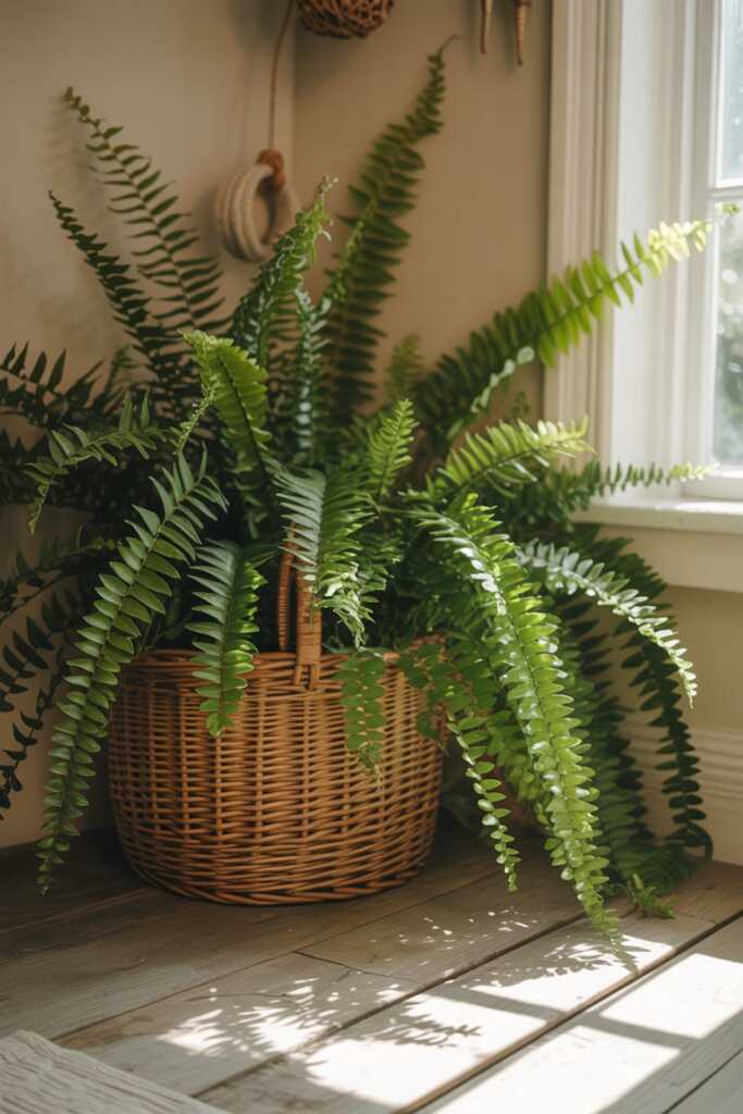 Boston fern spilling from a woven basket in a sunlit corner