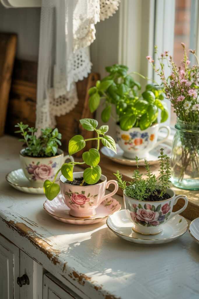 Chipped floral teacup holding a trailing pothos plant