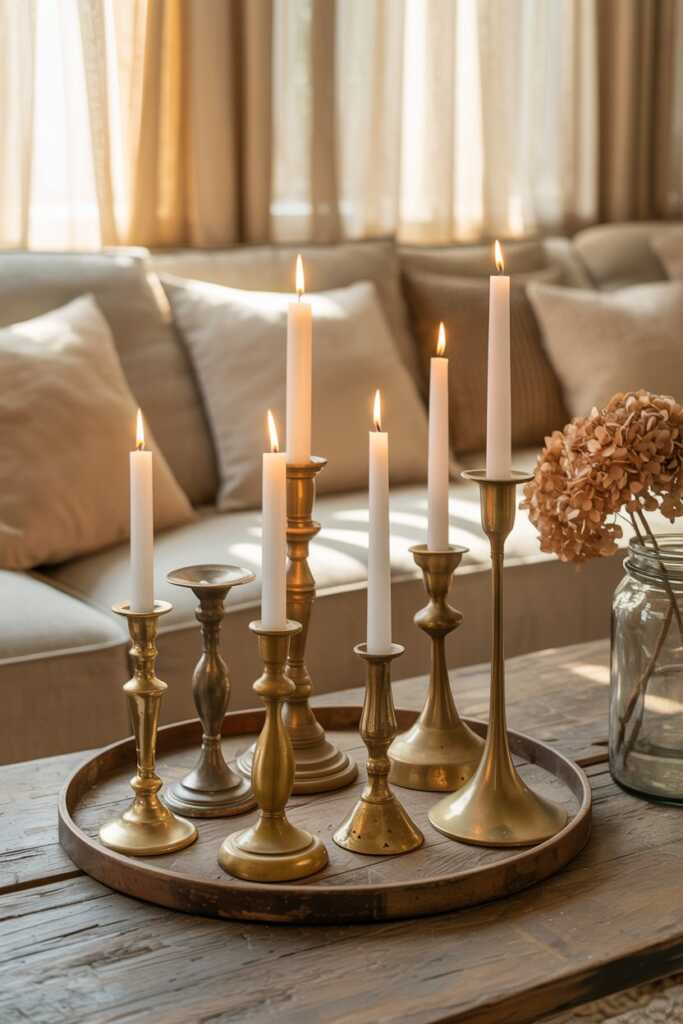 Cluster of mismatched brass candlesticks on a wooden tray