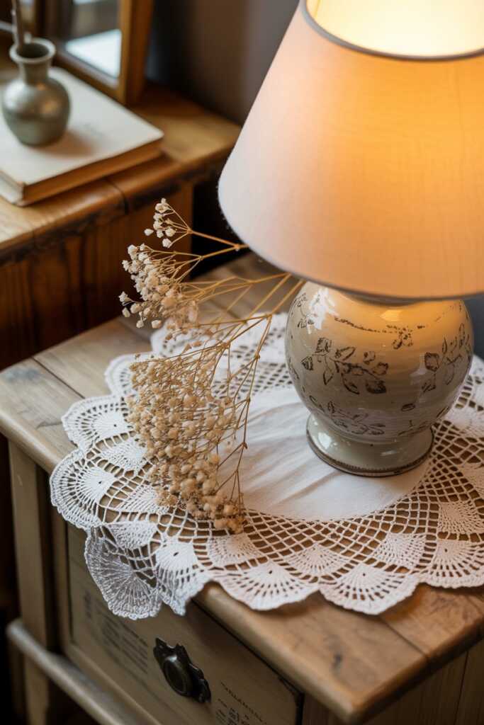 Delicate white doily beneath a vintage ceramic lamp