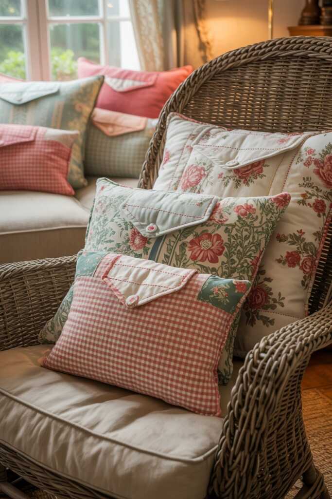 Floral quilted pillows layered on a wicker rocking chair