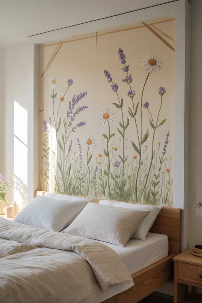 Hand-painted wildflowers on a cream bedroom wall
