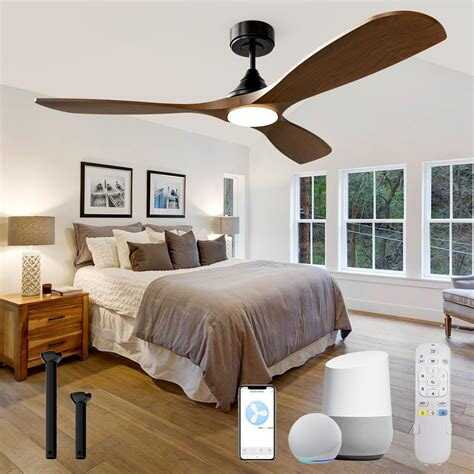 Modern bedroom with a smart ceiling fan and warm LED light