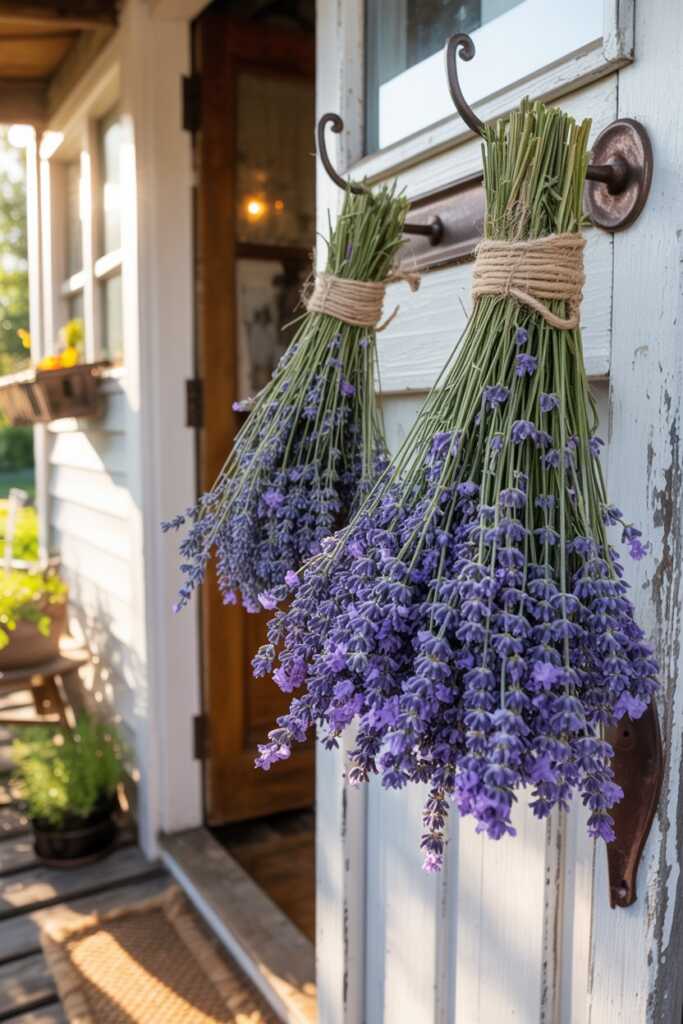 Purple dried lavender tied with twine hanging by a farmhouse door