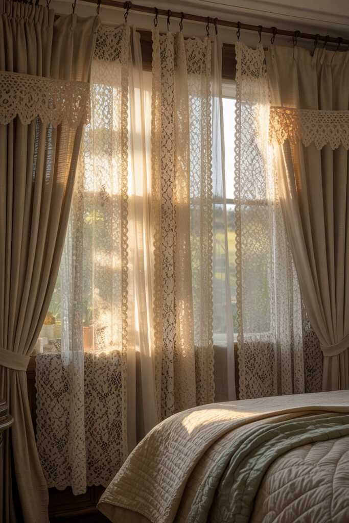 Sunlight filtering through ivory lace curtains onto a quilted bed