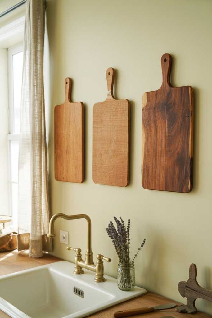 Vintage wooden bread board hung horizontally above a kitchen sink