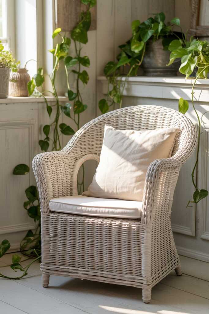 Whitewashed wicker chair with linen cushion