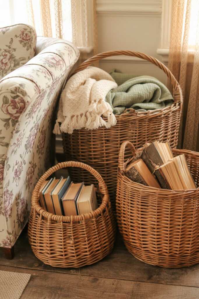 Wicker baskets filled with blankets beside a floral sofa