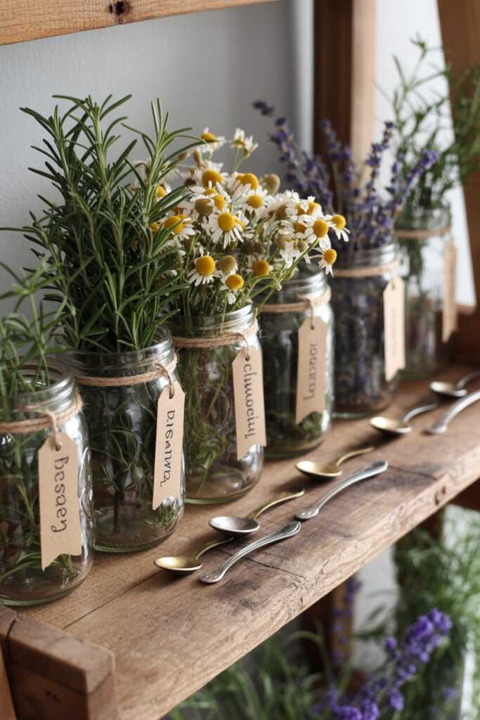 Wooden shelf holding glass jars of dried herbs and flowers