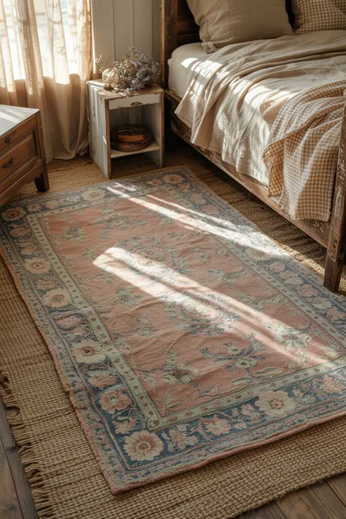 Worn Persian-style rug in soft pinks and blues under a bed