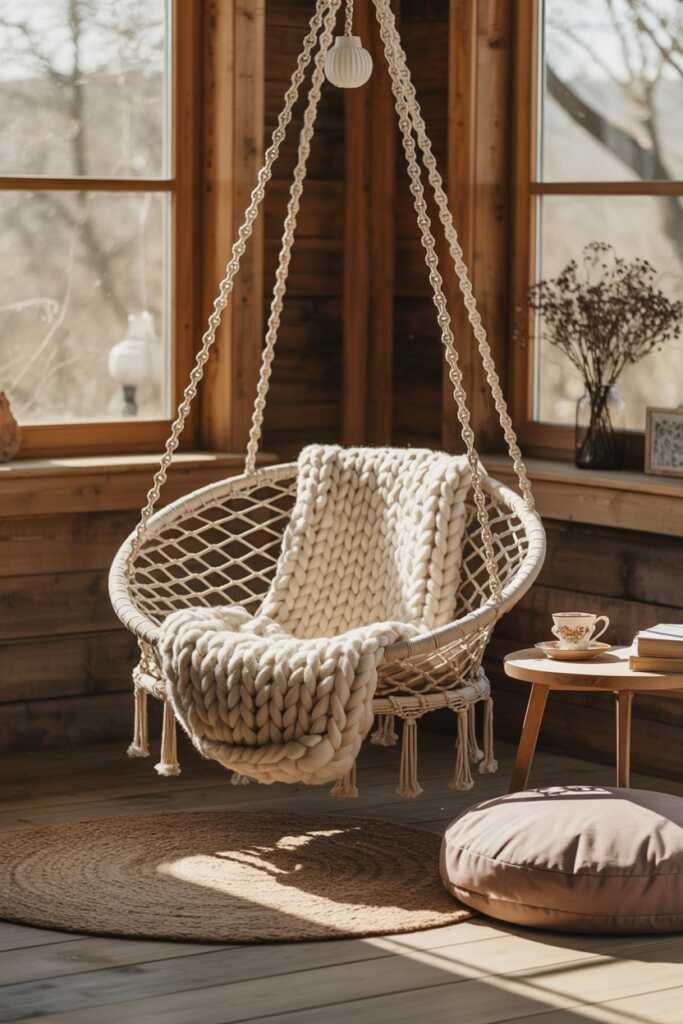 Woven hammock chair draped with a chunky knit blanket