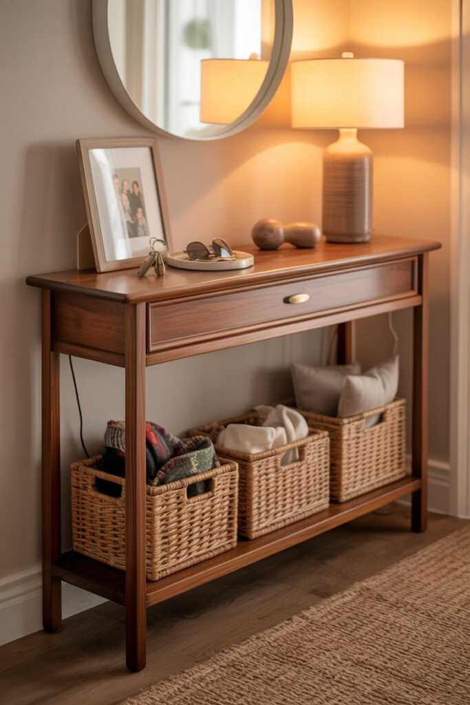 Narrow Entryway with Storage Console Table with Drawers and Shelves